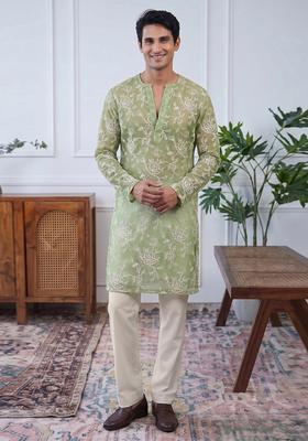 Olive Green Embroidered Cotton Kurta Set For Men