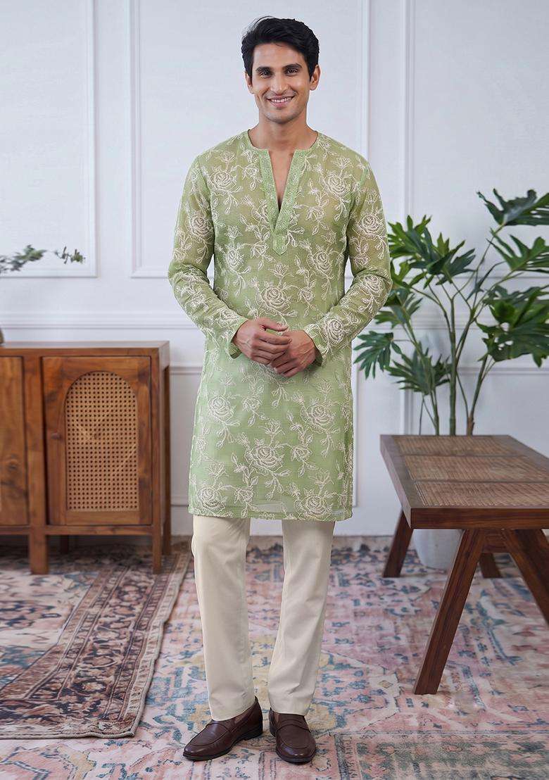 Olive Green Embroidered Cotton Kurta Set For Men - Indya