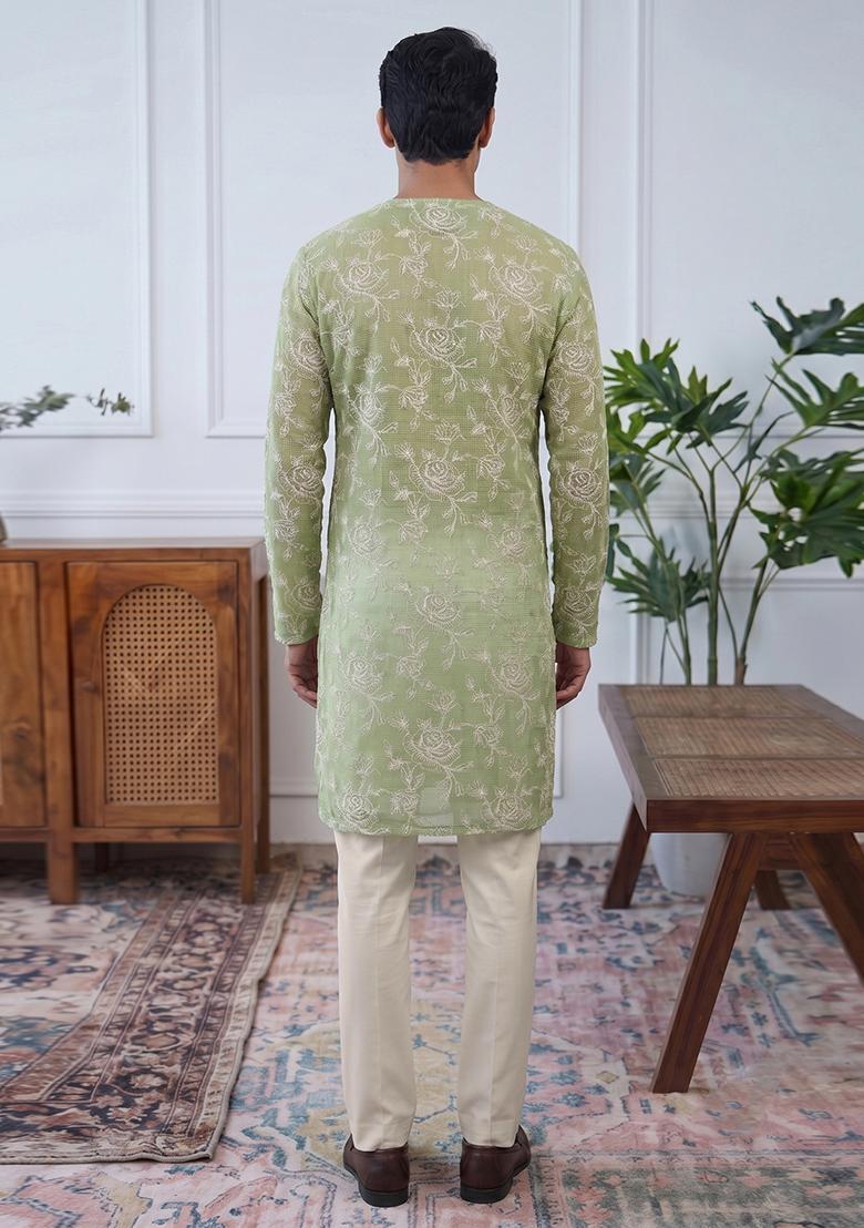 Olive Green Embroidered Cotton Kurta Set For Men - Indya