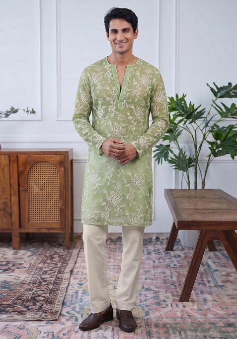 Olive Green Embroidered Cotton Kurta Set For Men