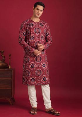 Maroon Printed Satin Kurta Set For Men