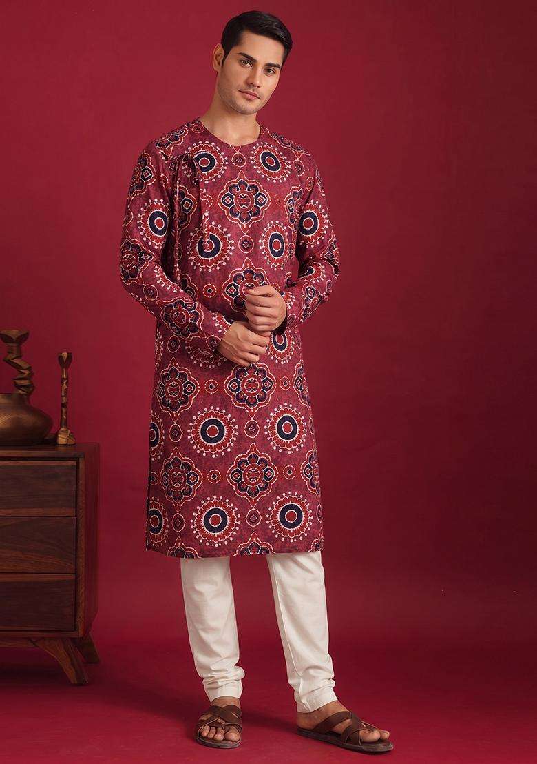 Maroon Printed Satin Kurta Set For Men - Indya