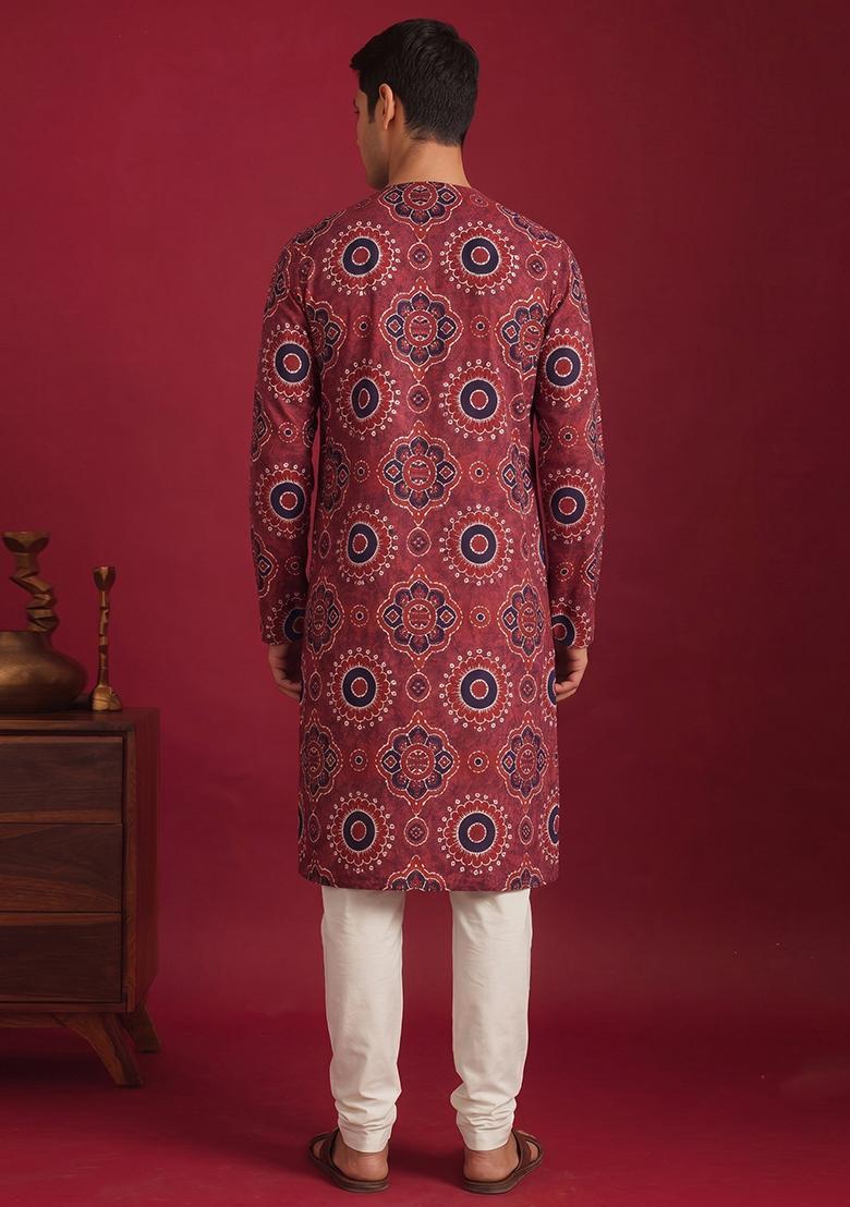 Maroon Printed Satin Kurta Set For Men - Indya