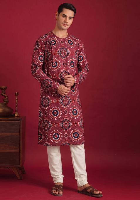 Maroon Printed Satin Kurta Set For Men