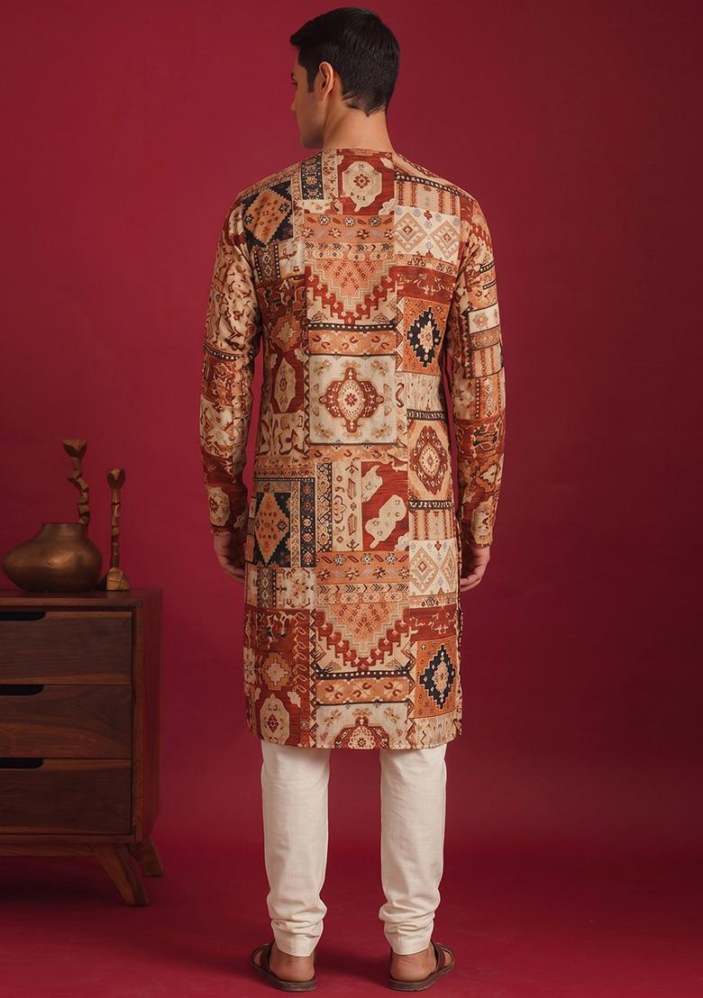 Multicolor Printed Satin Kurta Set For Men - Indya