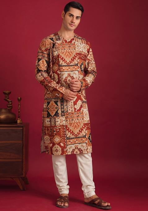 Multicolor Printed Satin Kurta Set For Men