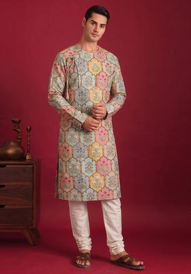 Multicolor Printed Satin Kurta Set For Men