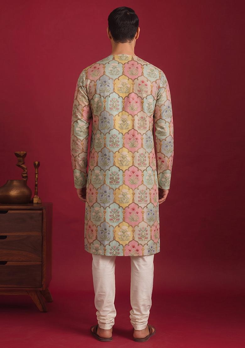 Multicolor Printed Satin Kurta Set For Men - Indya