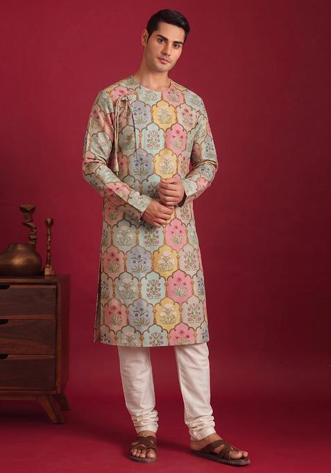 Multicolor Printed Satin Kurta Set For Men
