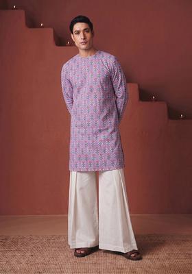 Lilac Printed Cotton Kurta Set For Men