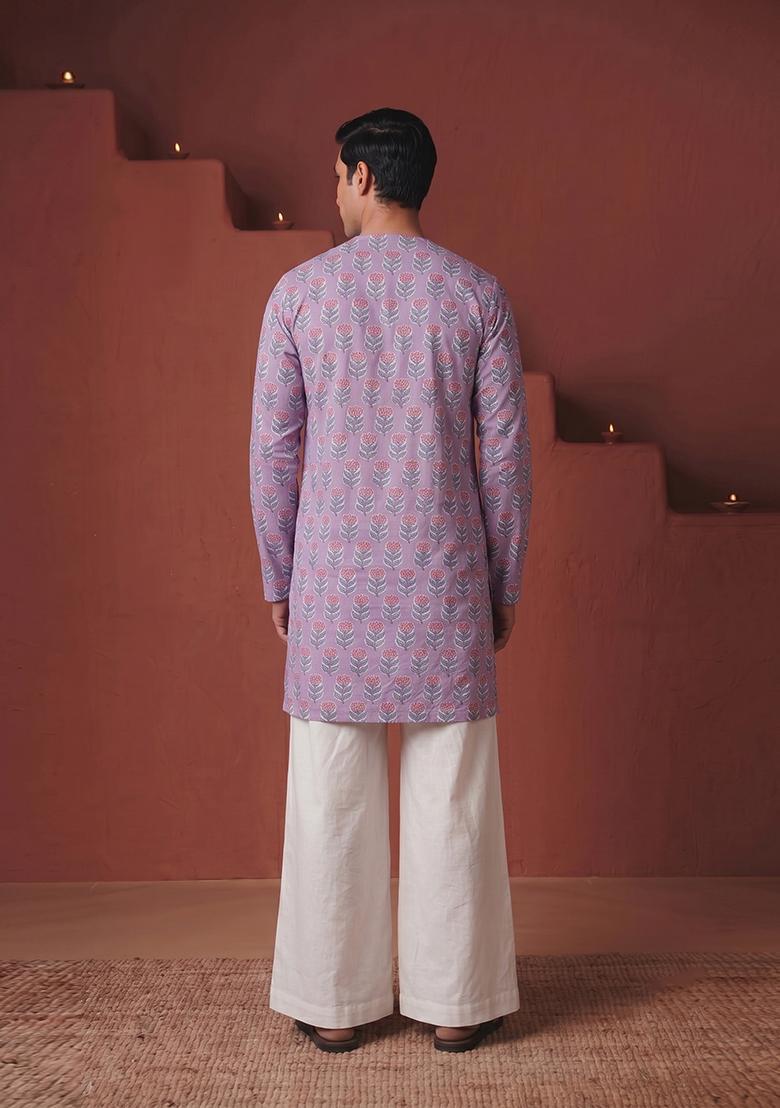 Lilac Printed Cotton Kurta Set For Men - Indya