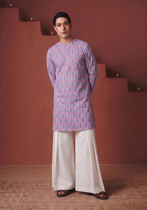 Lilac Printed Cotton Kurta Set For Men