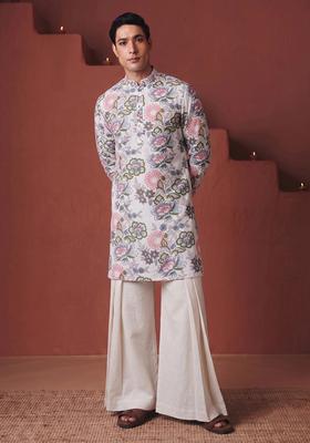 Off White Printed Cotton Kurta Set For Men