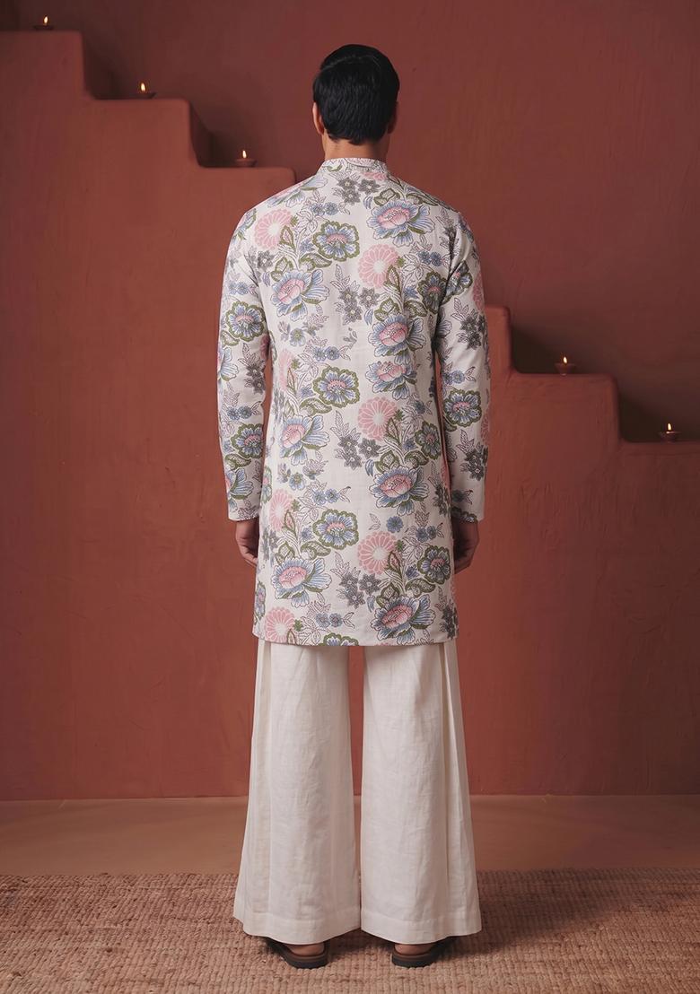 Off White Printed Cotton Kurta Set For Men - Indya
