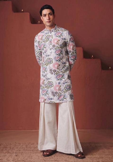 Off White Printed Cotton Kurta Set For Men
