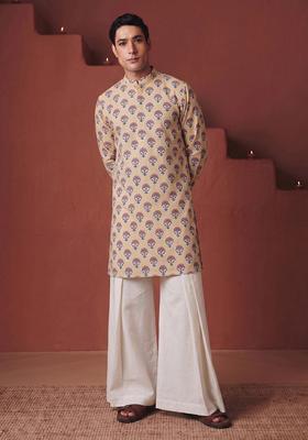 Peach Printed Cotton Kurta Set For Men