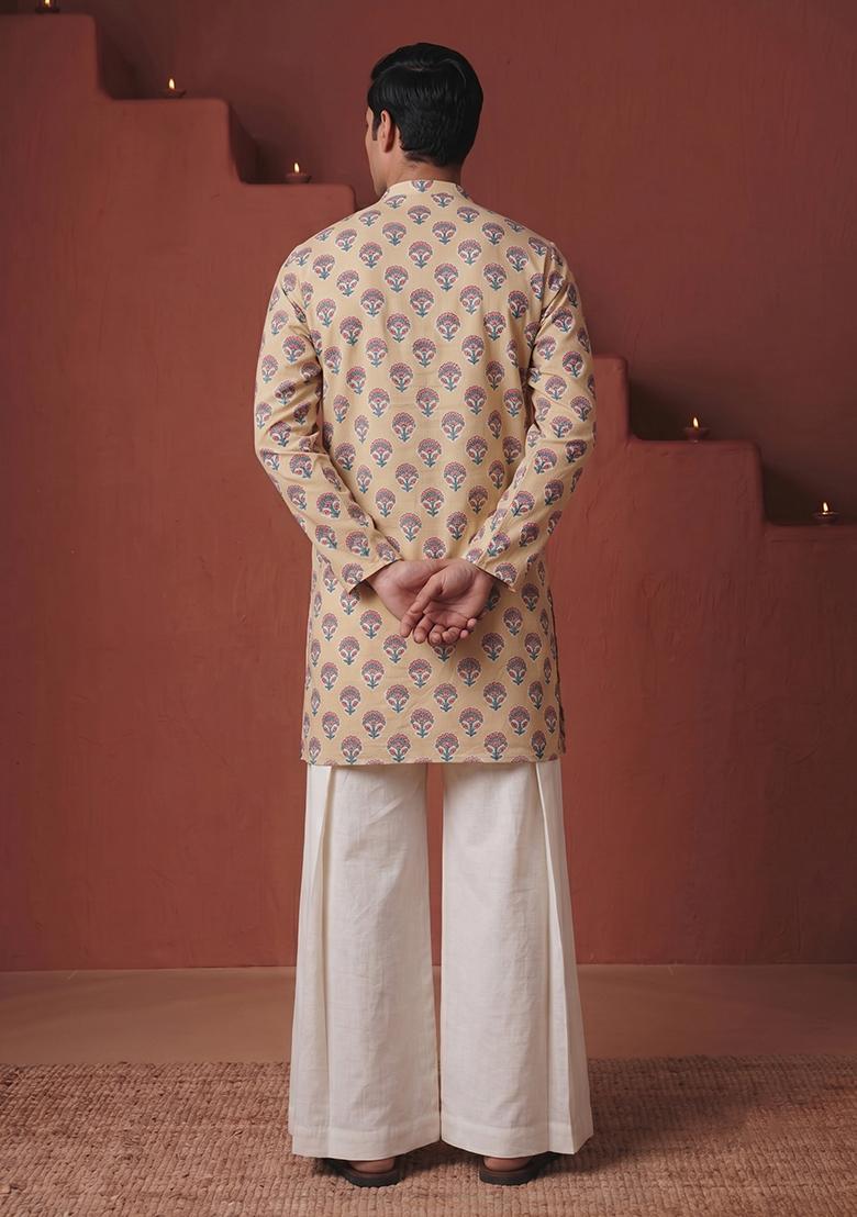 Peach Printed Cotton Kurta Set For Men - Indya