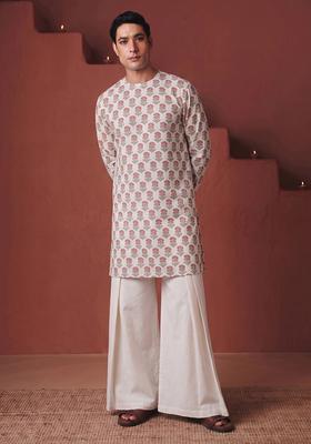 White Printed Cotton Kurta Set For Men
