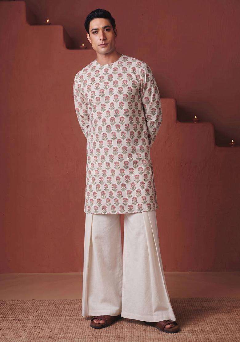 White Printed Cotton Kurta Set For Men - Indya