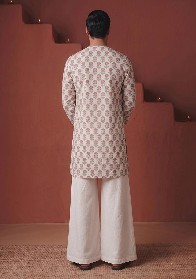 White Printed Cotton Kurta Set For Men - Indya