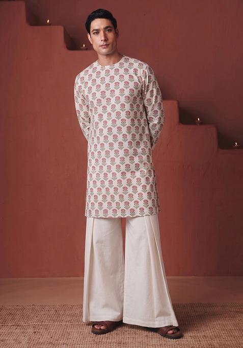 White Printed Cotton Kurta Set For Men