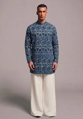 Cobalt Blue Printed Chanderi Kurta Set For Men