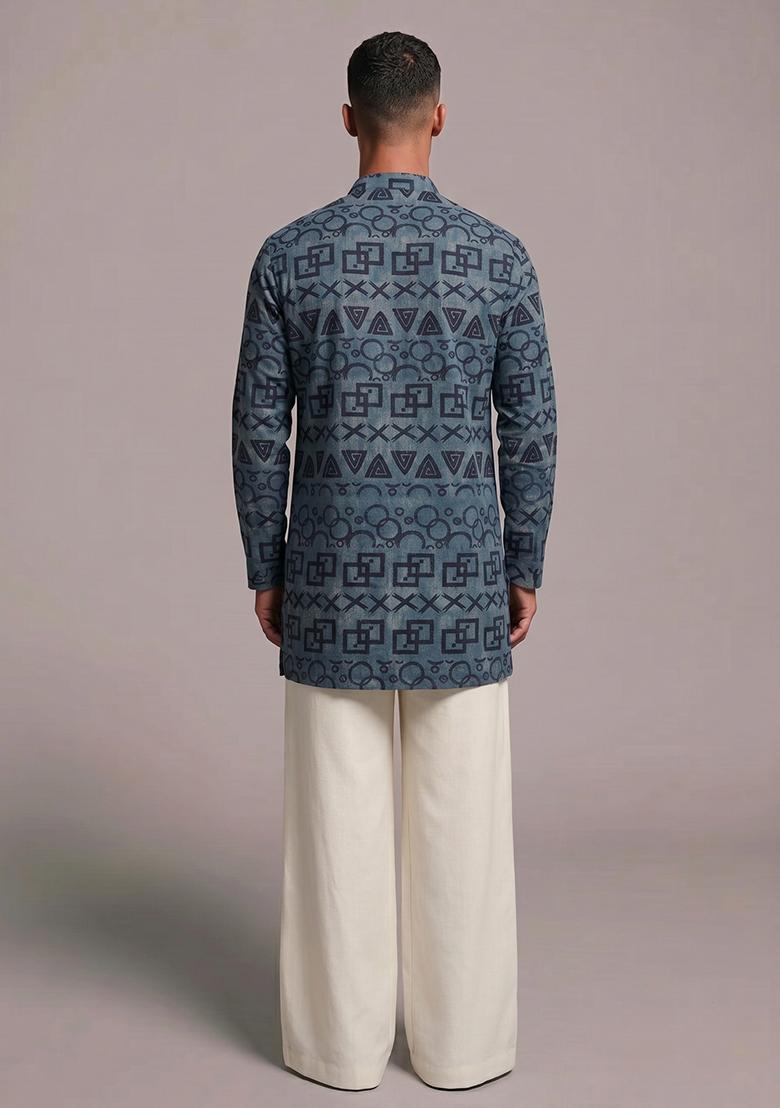 Cobalt Blue Printed Chanderi Kurta Set For Men - Indya