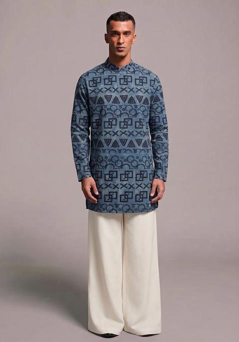 Navy Blue Printed Chanderi Kurta Set For Men