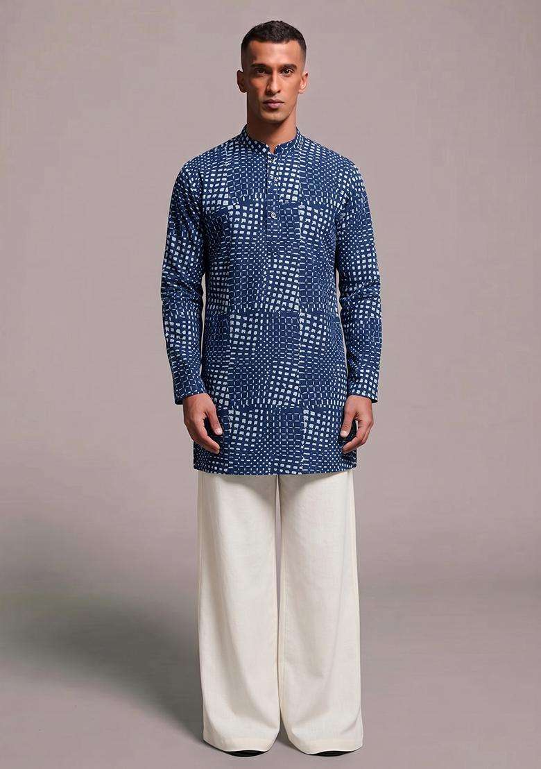 Navy Blue Printed Cotton Kurta Set For Men - Indya