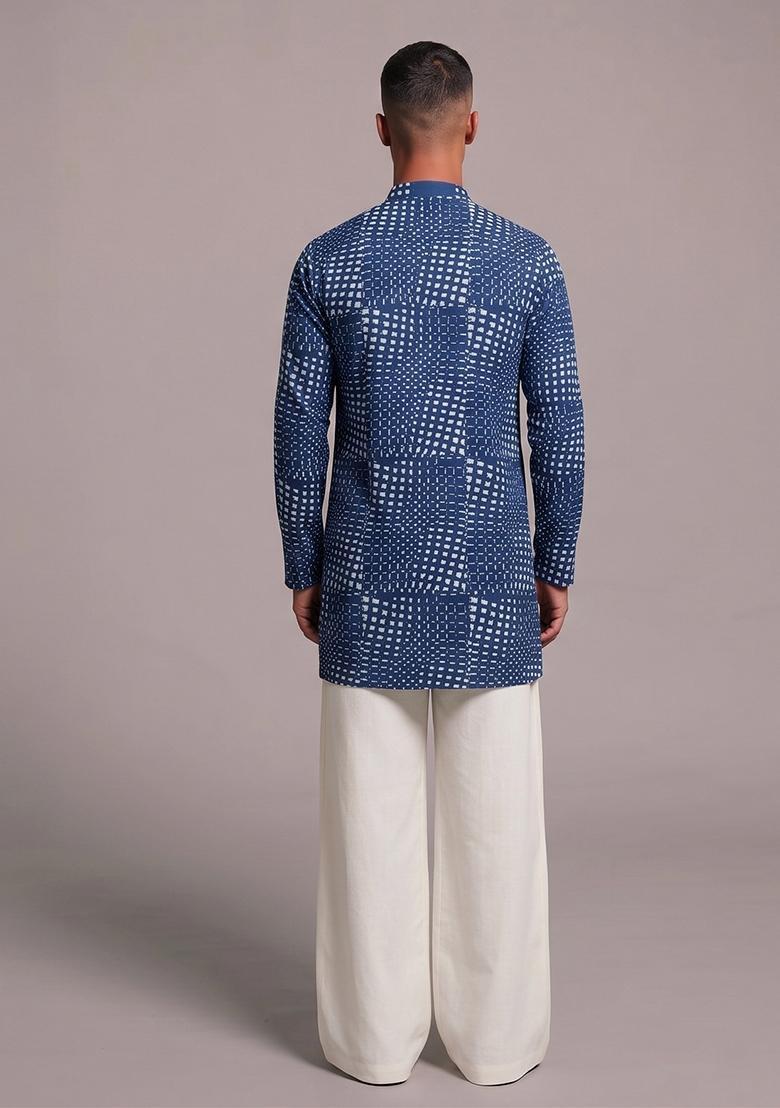 Navy Blue Printed Cotton Kurta Set For Men - Indya