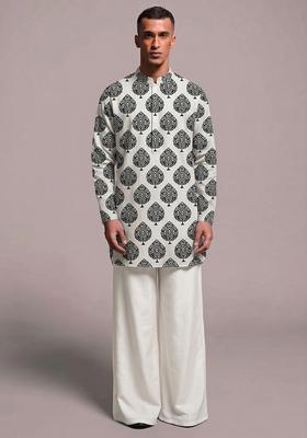 Off White Printed Chanderi Kurta Set For Men