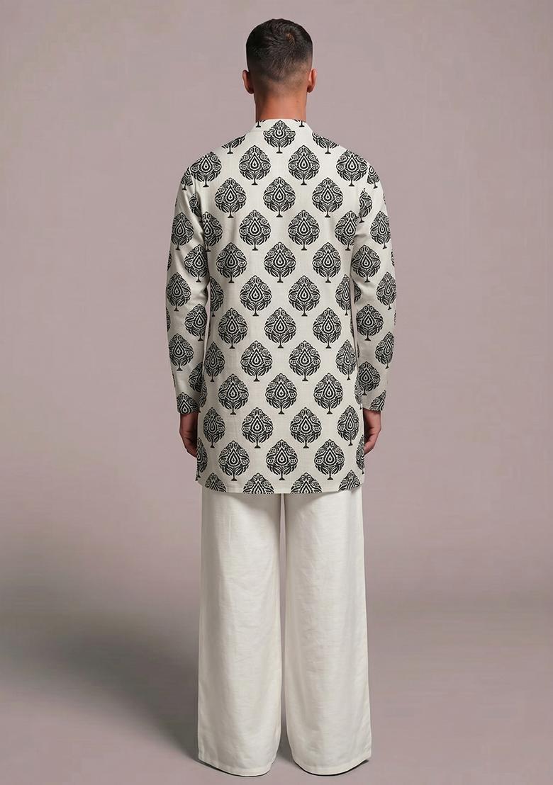 Off White Printed Chanderi Kurta Set For Men - Indya