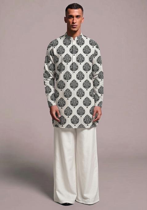 Off White Printed Chanderi Kurta Set For Men