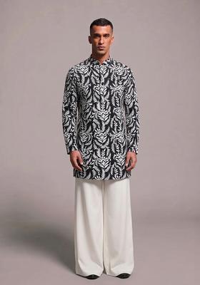 Black Printed Cotton Kurta Set For Men