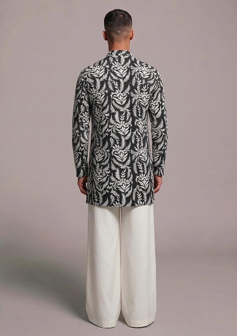 Black Printed Cotton Kurta Set For Men - Indya