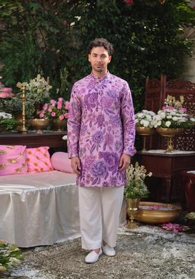 Lilac Printed Silk Blend Kurta Set For Men