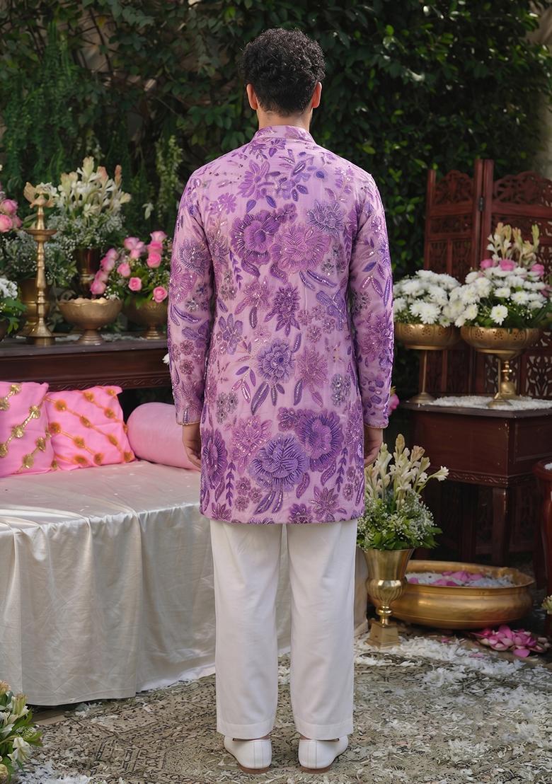 Lilac Printed Silk Blend Kurta Set For Men - Indya