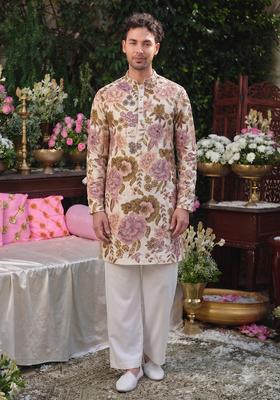 Beige Printed Silk Blend Kurta Set For Men