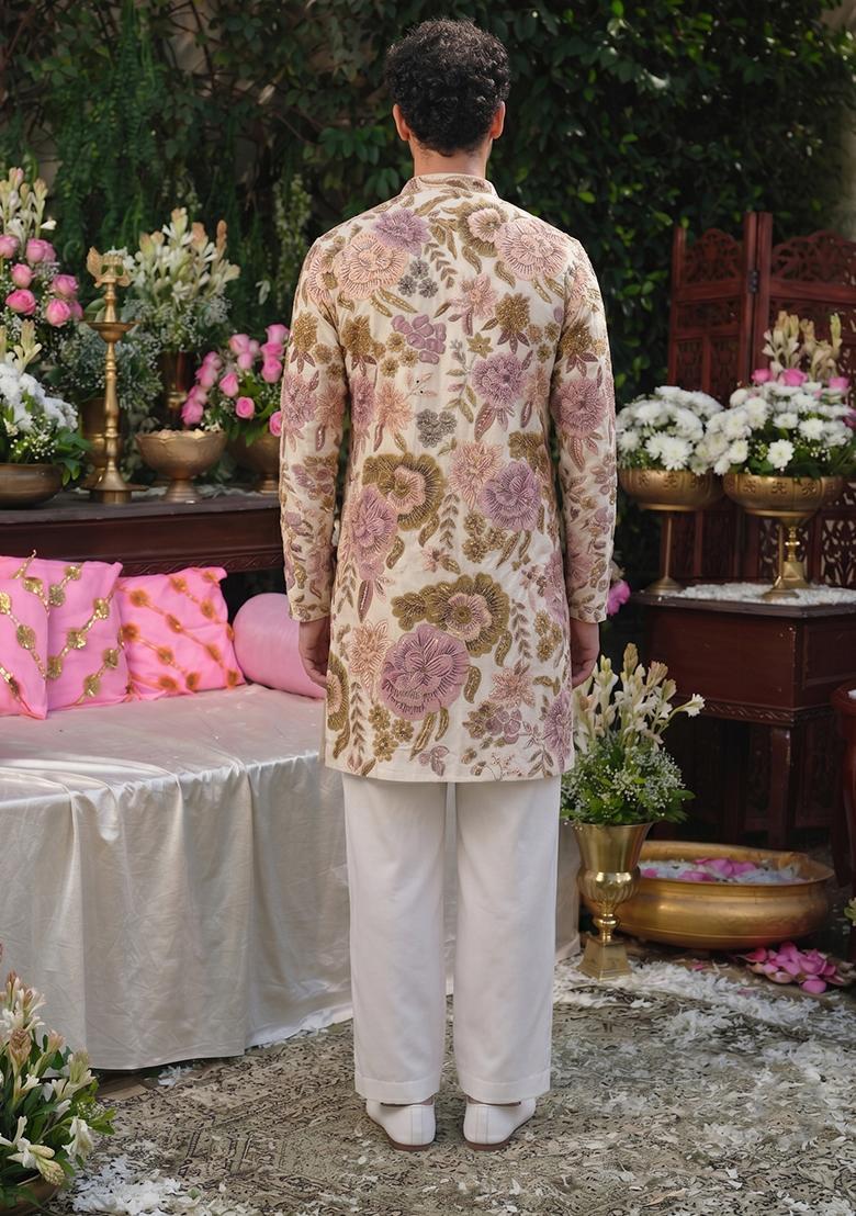 Beige Printed Silk Blend Kurta Set For Men - Indya