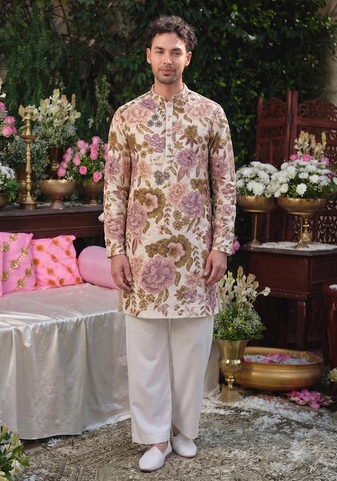 Beige Printed Silk Kurta Set For Men