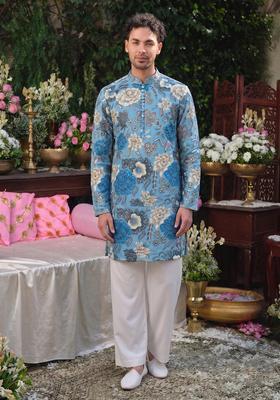 Sky Blue Printed Silk Blend Kurta Set For Men