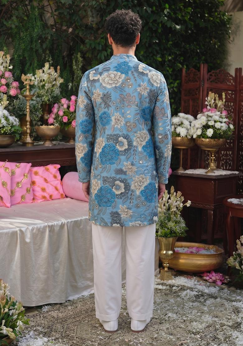 Sky Blue Printed Silk Blend Kurta Set For Men - Indya
