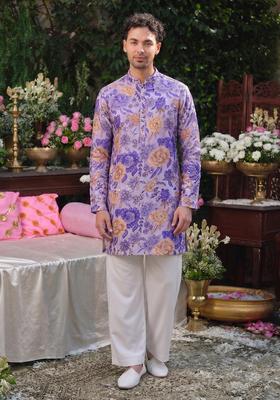 Lavender Printed Silk Blend Kurta Set For Men