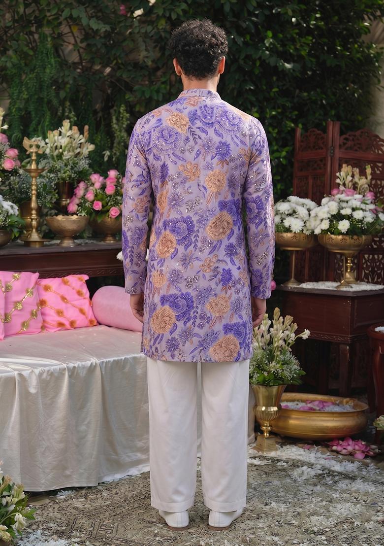 Lavender Printed Silk Blend Kurta Set For Men - Indya