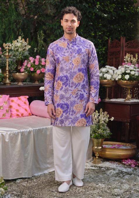Lavender Printed Silk Kurta Set For Men