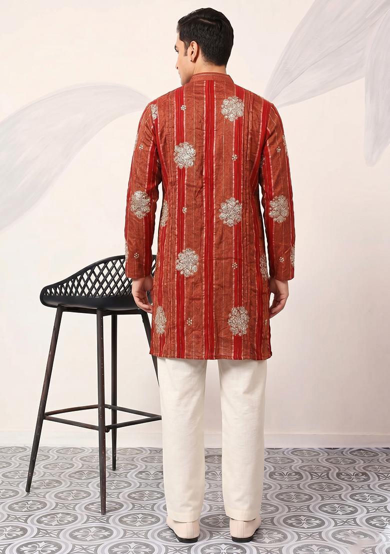 Red Embroidered Tissue Kurta Set For Men - Indya
