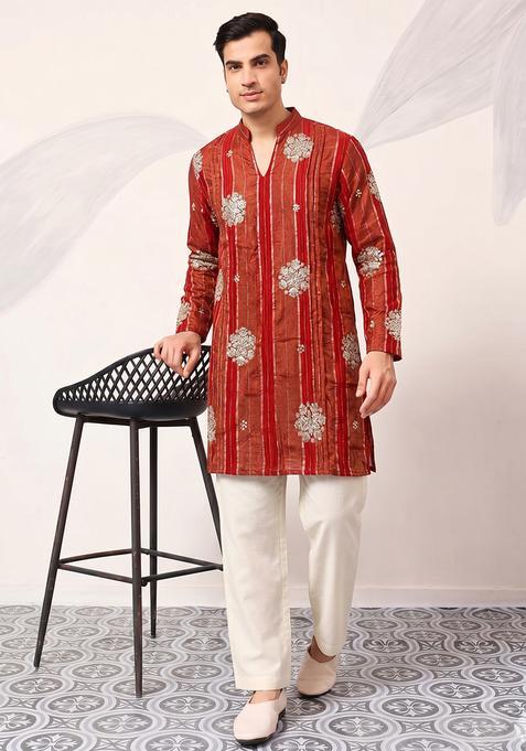 Red Embroidered Tissue Kurta Set For Men