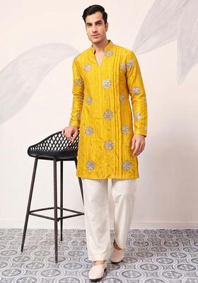 Mustard Embroidered Tissue Kurta Set For Men