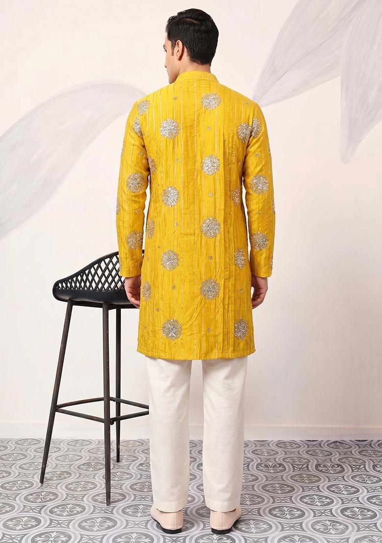 Mustard Embroidered Tissue Kurta Set For Men - Indya