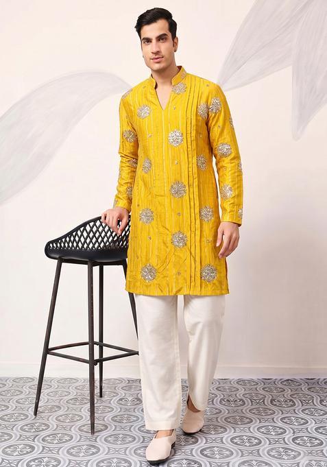 Mustard Embroidered Tissue Kurta Set For Men